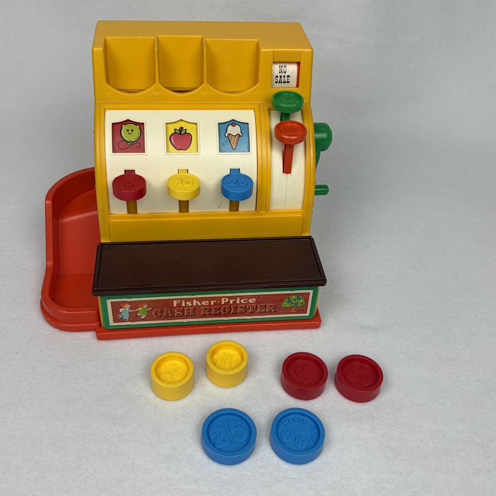 Vintage 1974 Fisher-Price Cash Register Toy 926 with 6 Coins